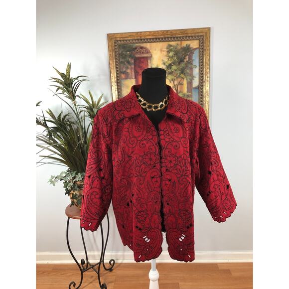 Elegant Jackets & Blazers - Trenz by Theresa Renz Embroidered Jacket Women's Size 1X Red Cut-Out Elegant